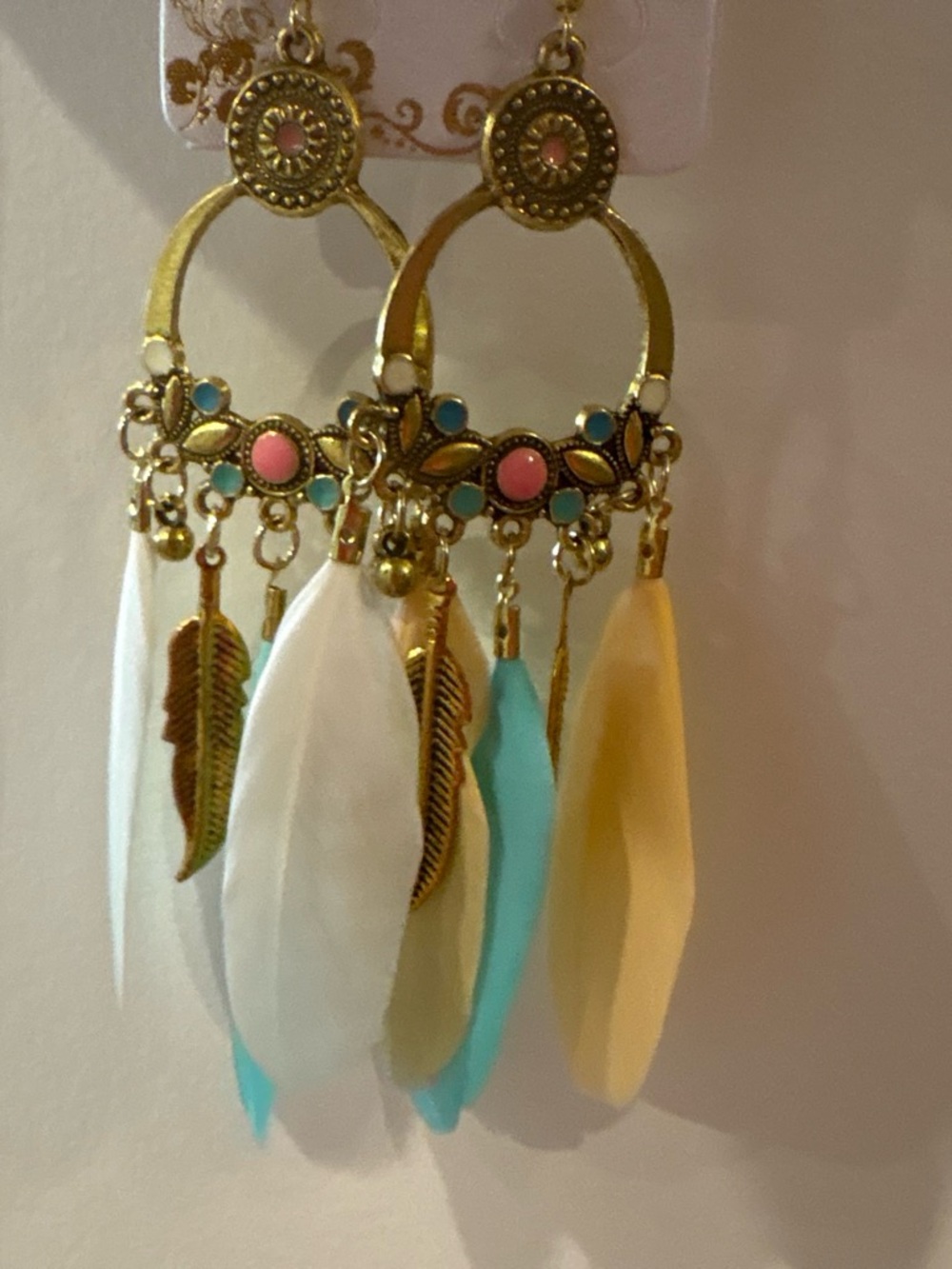 Boho Gold Chandelier Earrings with Turquoise, Coral Pink & Yellow Feathers